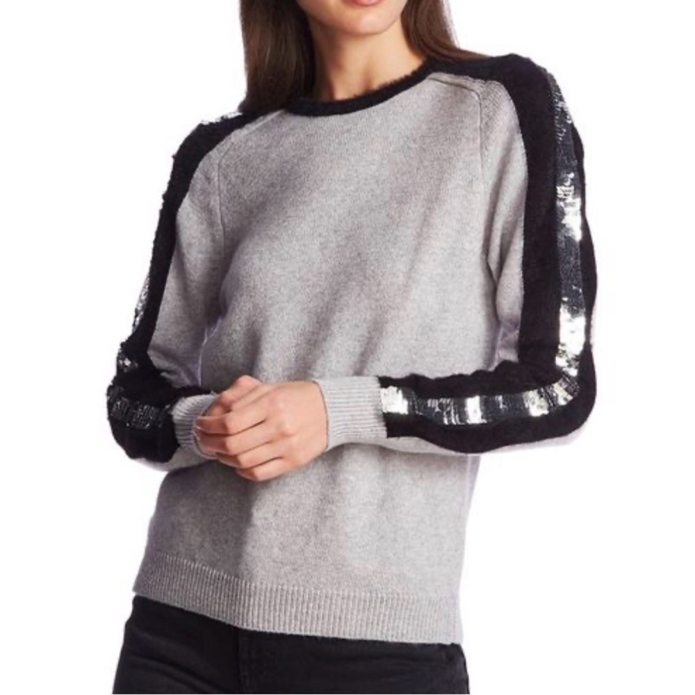 1.STATE GRAY WITH BLACK SILVERWARE SEQUIN STRIPE SLEEVES SWEATER WOMENS XS NWT